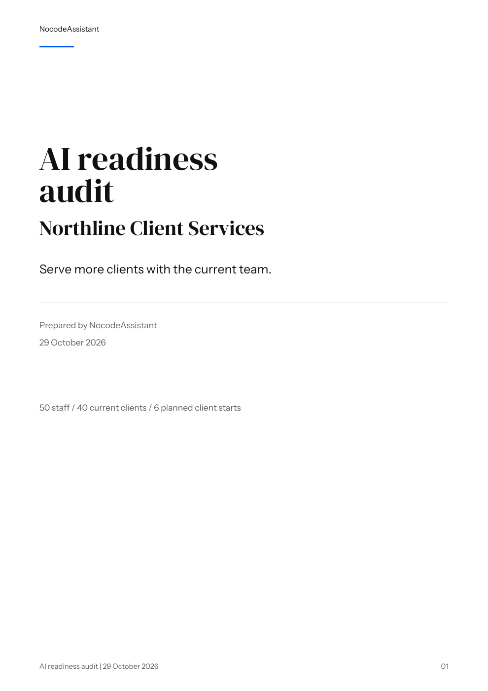 Cover of the Northline Client Services AI readiness audit, dated 29 October 2026